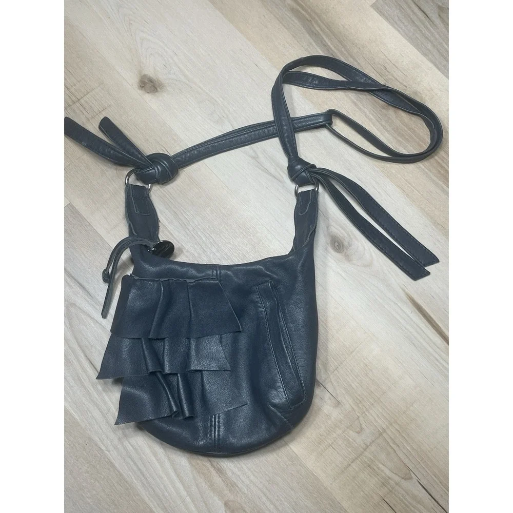 Jola V Designs‎ Black Leather Ruffle Crossbody Bag Boho Slouchy Shoulder Purse